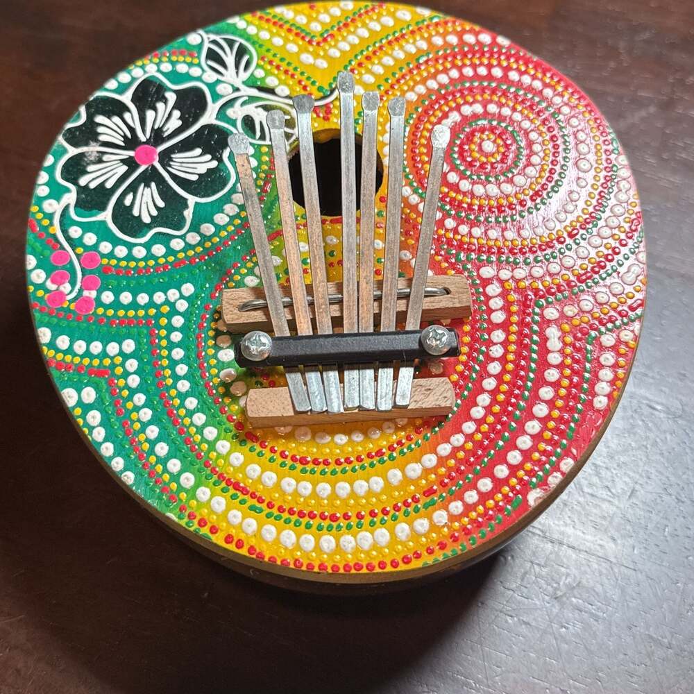7-Key Kalimba Hand-Painted Coconut Shell Thumb Piano Floral Design 6”